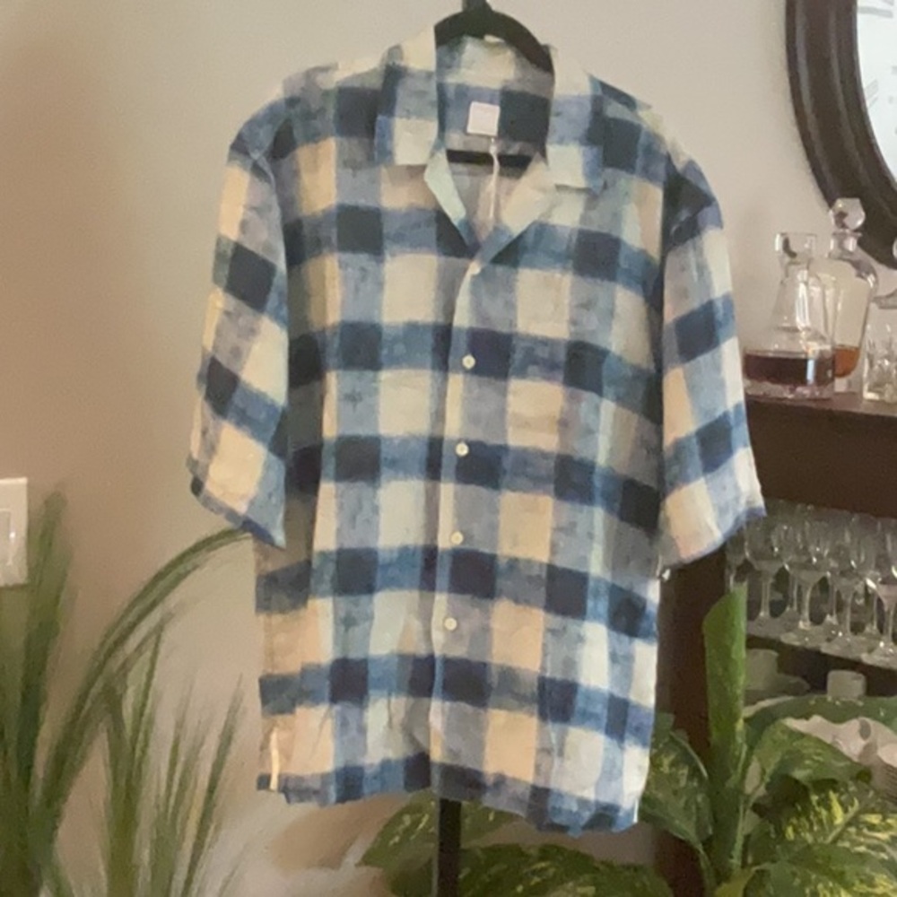 120% LINO - Linen Blue and Cream Checkered Shirt- NEW